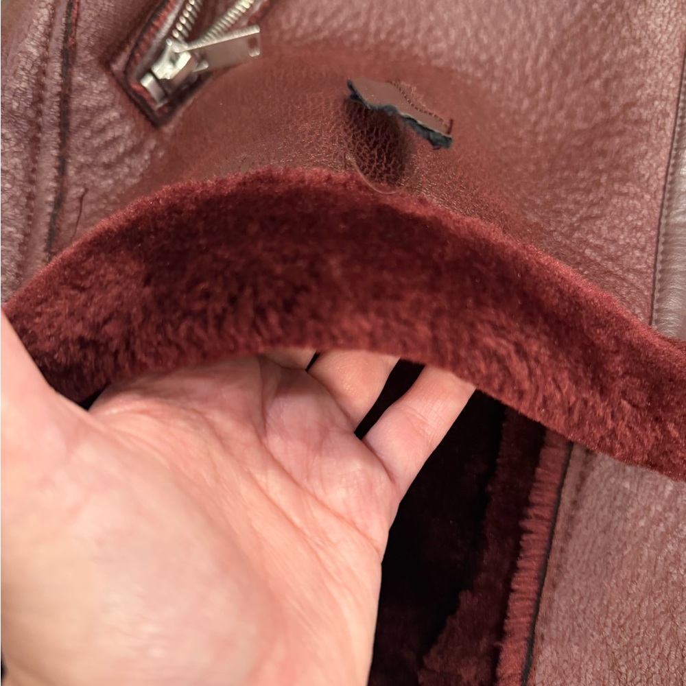 Zara Women's Wine Burgundy Leather Moto Jacket with Shearling Collar - Picture 2 of 3